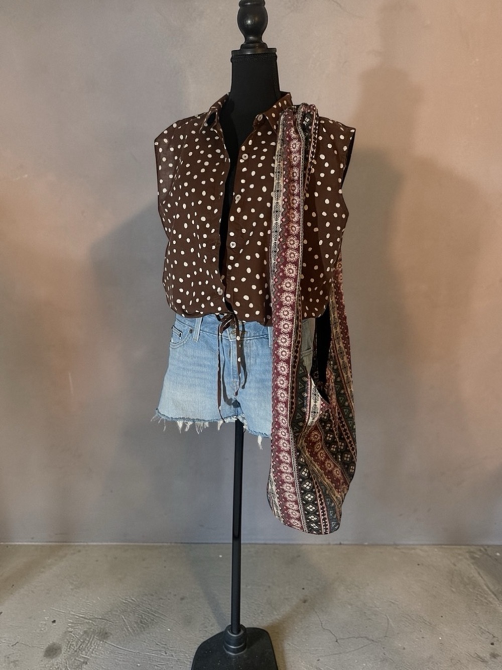 Marc New York Brown Polka Dot Tie Waist Top Large